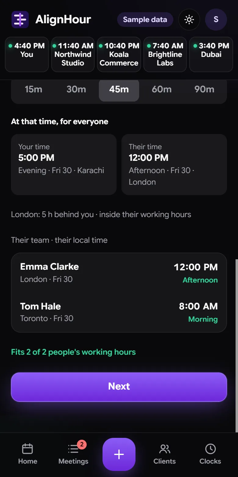 Exact time: your time and their time side by side, each person's local time, and Fits 2 of 2 people's working hours