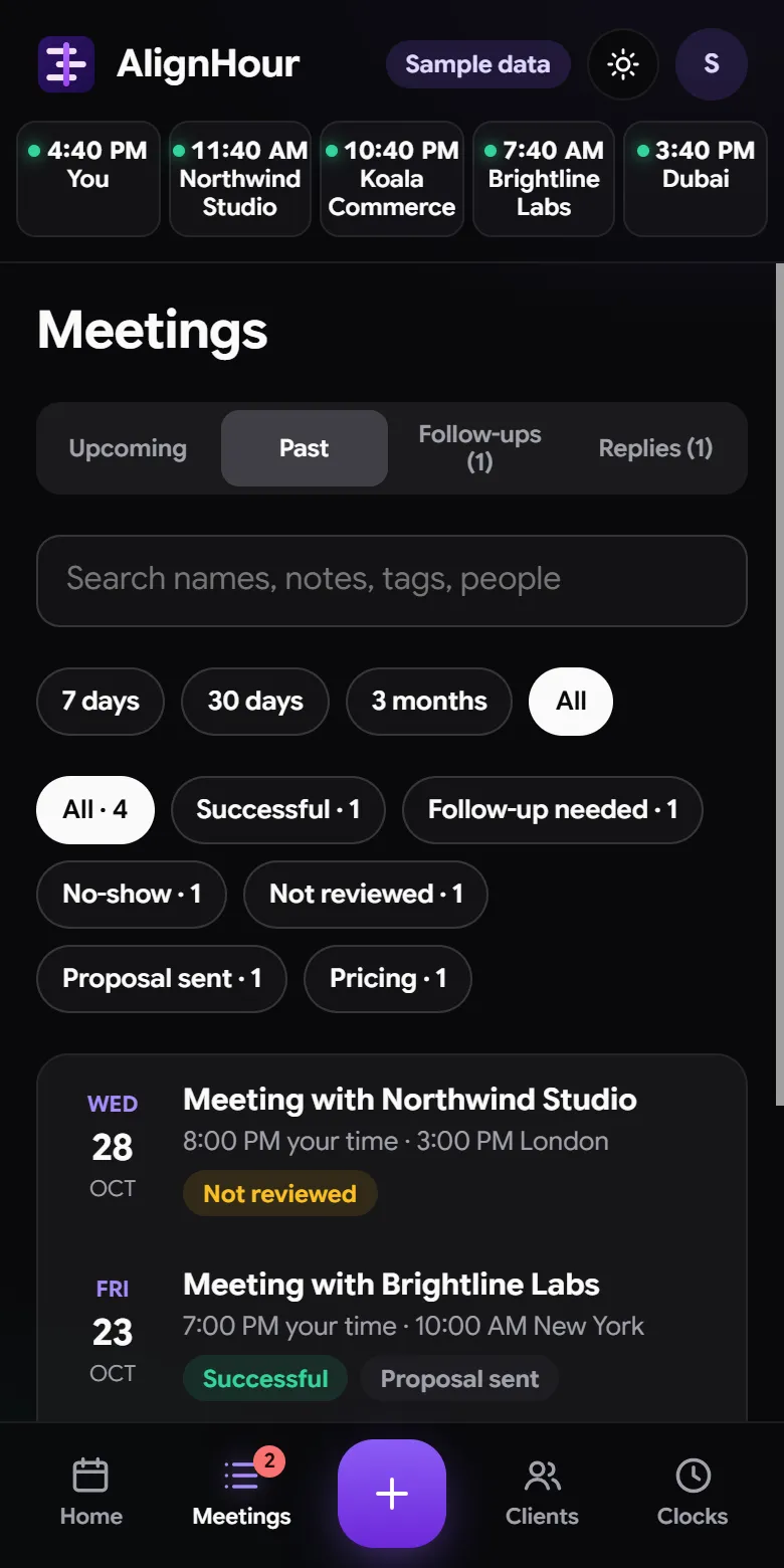 Past meetings with results such as Successful and Not reviewed, filters by time and result
