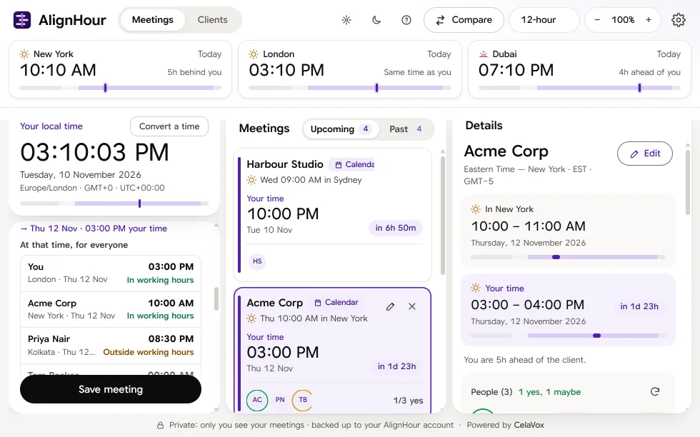 AlignHour extension: the meeting time on the client's clock, and under it each person's own time with In working hours or Outside working hours