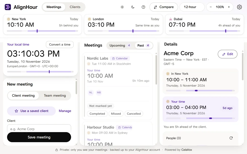 AlignHour extension Past tab: a past meeting with Completed, Missed and Cancelled buttons